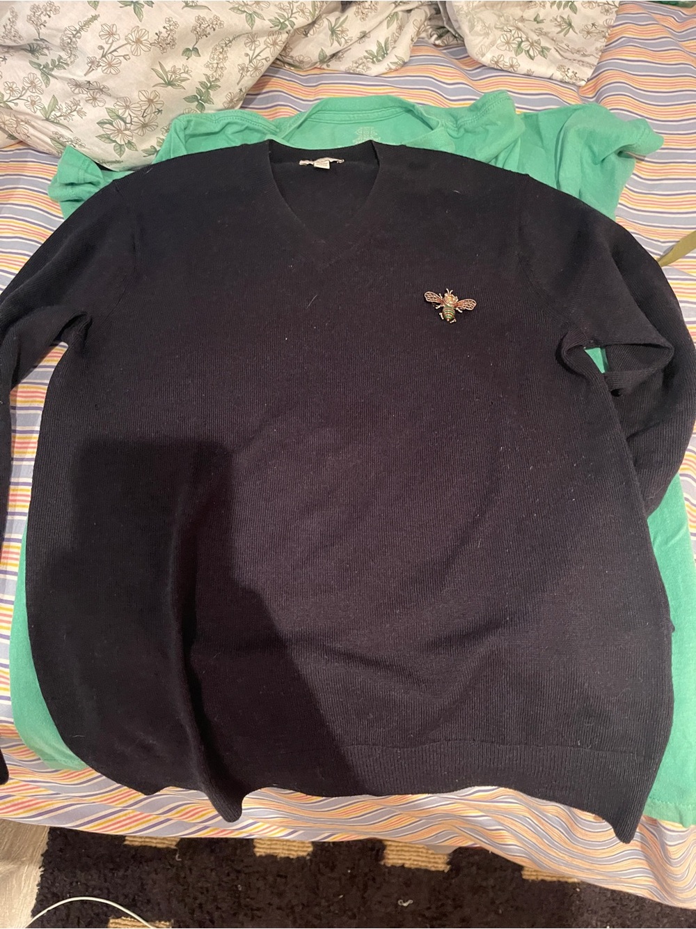 Club Monaco Black V-Neck Sweater with Bee Pin Detail